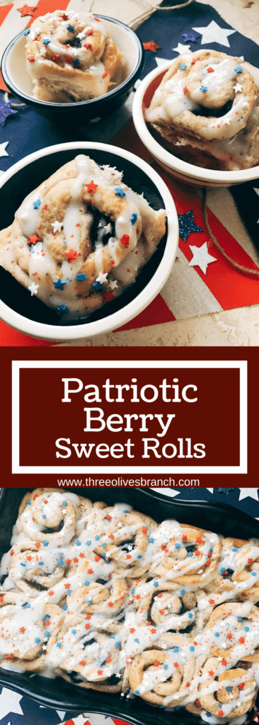 Red, white, and blue sweet rolls for a patriotic morning! A twist on cinnamon rolls, these are filled with cream cheese and mixed berries for a summer treat. Great for patriotic parties and BBQs like Labor Day, Memorial Day, and 4th of July. Make them in advance for a quick and easy breakfast or brunch to start the holiday. They even work as a dessert! Vegetarian and kid friendly. Patriotic Berry Sweet Rolls | Three Olives Branch | www.threeolivesbranch.om