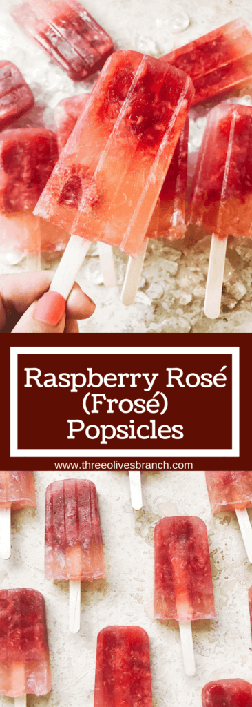 Popsicles made of rosé wine and raspberries! Simple to make and a great alcoholic adult treat for the warm and hot summer days. A twist on the frosé (frozé) trend, putting your favorite pink rose wine in popsicle form. A perfect treat or poptail for a cookout, barbecue, or grilling day. BBQ parties never tasted so good! Cocktail on a stick. Raspberry Rosé (Frosé) Popsicles | Three Olives Branch | www.threeolivesbranch.com