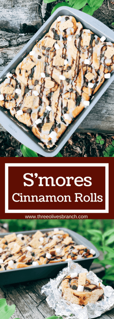 Great for camping and enjoying summer flavors, these rolls are filled with marshmallow fluff, chocolate, and graham crackers. Hold over great for camping trips or cookout parties. Kid friendly and a great way to celebrate summer whether a holiday like 4th of July or a BBQ cookout. S'mores Cinnamon Rolls | Three Olives Branch | www.threeolivesbranch.com