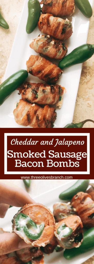 Grill up some of these smoky, cheesy treats for your next summer party. Eckrich Cheddar and Jalapeno Smoked Sausage is stuffed with a jalapeno pepper (which has been filled with cheddar and cream cheese), then rolled in bacon and grilled until crispy. They make such a fun appetizer or dinner for the pork lovers. A fun twist on a jalapeno popper and full of flavor. A great way to kick of football Sunday or game day. Cheddar Jalapeno Smoked Sausage Bacon Bombs | Three Olives Branch | www.threeolivesbranch.com