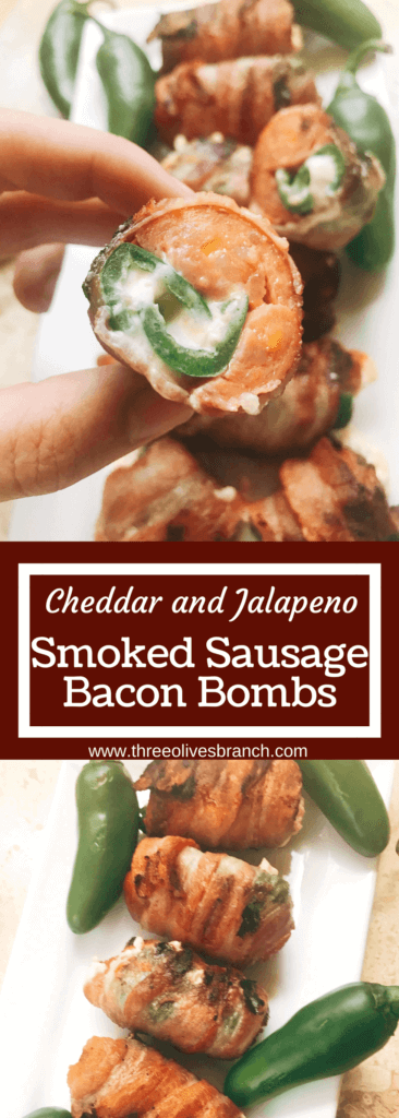 Grill up some of these smoky, cheesy treats for your next summer party. Eckrich Cheddar and Jalapeno Smoked Sausage is stuffed with a jalapeno pepper (which has been filled with cheddar and cream cheese), then rolled in bacon and grilled until crispy. They make such a fun appetizer or dinner for the pork lovers. A fun twist on a jalapeno popper and full of flavor. A great way to kick of football Sunday or game day. Cheddar Jalapeno Smoked Sausage Bacon Bombs | Three Olives Branch | www.threeolivesbranch.com