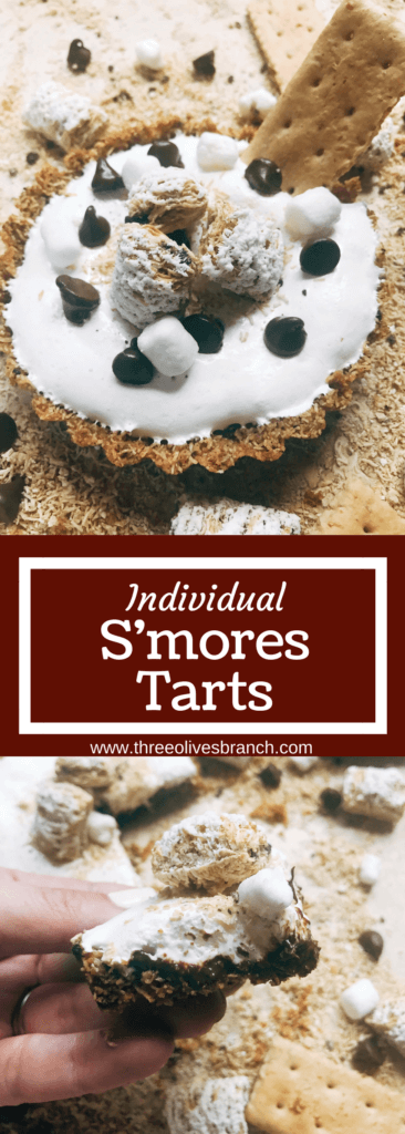 A fun dessert perfect for summer activities like 4th of July and camping. A graham cracker crust is made out of ground Post Shredded Wheat Frosted S'mores Bites Cereal, then filled with melted chocolate, marshmallow fluff, and topped off with some decorations. A fun sweet treat in an individual tart. Individual S'mores Tarts | Three Olives Branch | www.threeolivesbranch.com