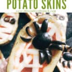 Pin image of a spider Halloween Pizza Potato Skins with title at top