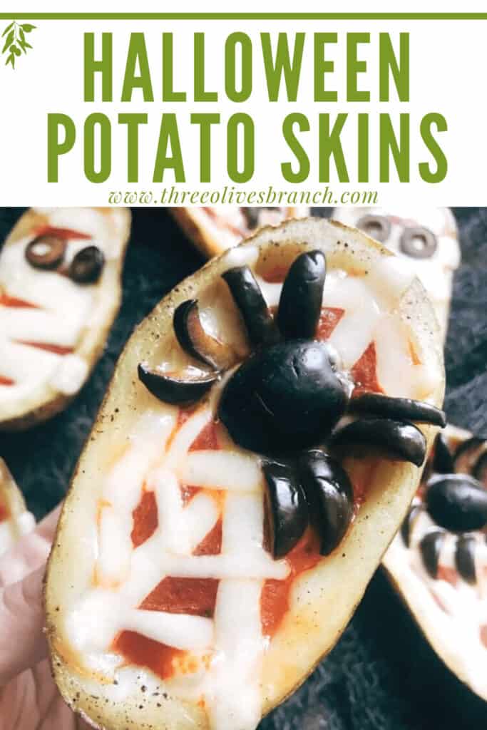 Pin image of a spider Halloween Pizza Potato Skins with title at top