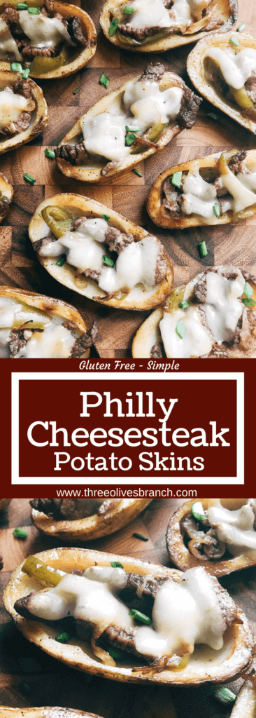 Game day appetizer full of classic Philly Cheese Steak flavors. Beef steak, bell peppers, onion, and provolone cheese in a potato skin shell. Great football food for NFL Sunday as a party snack. Gluten free. Philly Cheesesteak Potato Skins | Three Olives Branch | www.threeolivesbranch.com