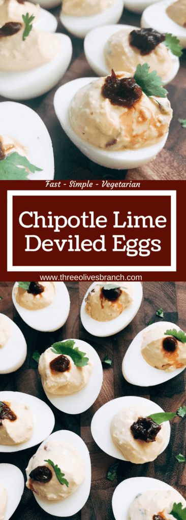 Ready in less than 10 minutes, this deviled egg recipe is a fun twist on a classic appetizer. Chipotle peppers in adobo and lime juice give Mexican food flare to the deviled egg. Simple, fast, and easy to make. Vegetarian and gluten free. A great party snack for game day or holiday events and party gatherings. Chipotle Lime Deviled Eggs | Three Olives Branch | www.threeolivesbranch.com