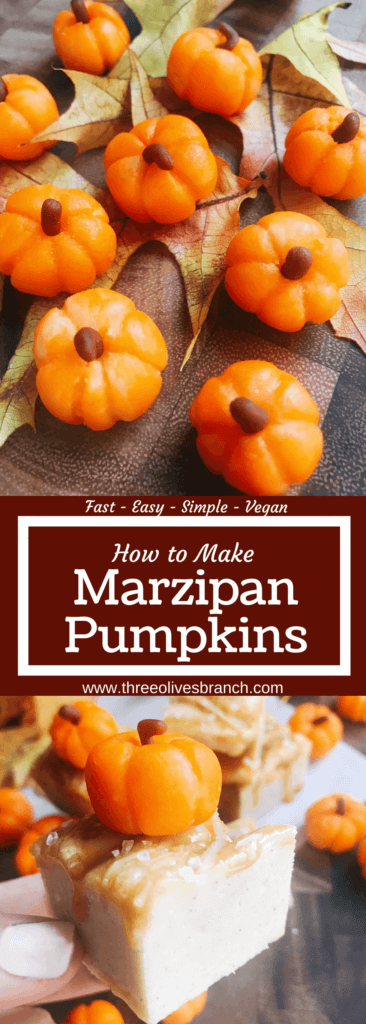 15 minutes to make these cute marzipan pumpkins to decorate your fall sweets and treats! Made out of an almond paste, these pumpkins are vegan, vegetarian, and gluten free. Use them as dessert decoration for Halloween, Thanksgiving, and all fall or autumn long. Quick and simple to make. How to Make Marzipan Pumpkins | Three Olives Branch | www.threeolivesbranch.com