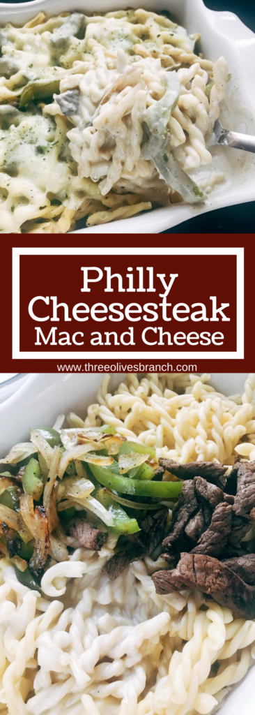 Philly cheesesteak flavors transform a classic comfort food recipe into a hearty meal. Steak, bell peppers, and onions are tossed with pasta in a cream cheese and provolone cheese sauce and baked off. A great kid friendly meal for cold weather comfort food. Philly Cheesesteak Mac and Cheese | Three Olives Branch | www.threeolivesbranch.com