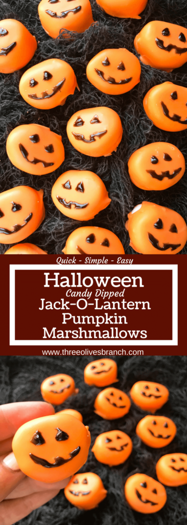 Candy pumpkin marshmallows, perfect for Halloween! Marshmallows are coated in melted orange candy with black piping gel for their jack-o-lantern faces. A fun dessert treat to make for Halloween parties. Halloween Candy Dipped Jack-O-Lantern Pumpkin Marshmallows | Three Olives Branch | www.threeolivesbranch.com #halloween #marshmallow #pumpkin #jackolantern