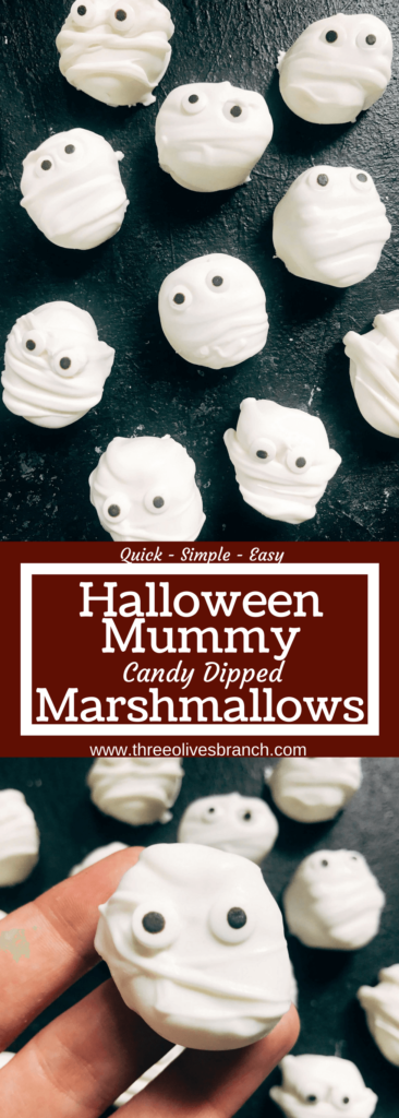 15 minutes to make these quick and simple mummy marshmallows! Large marshmallows are cut in half, covered in white candy melt with mummy wraps, and small candy eyes. Perfect for Halloween parties and a favorite among kids. Halloween Mummy Candy Dipped Marshmallows | Three Olives Branch | www.threeolivesbranch.com #halloween #mummy #mummies #halloweencandy #marshmallow #recipes #recipe #halloween recipe