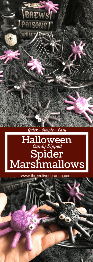 Candy spider marshmallows, perfect for Halloween! Marshmallows are coated in melted purple or black candy with pretzels for legs. Decorated with candy eyes and colored sugar sprinkles. A fun dessert treat to make for Halloween parties. Halloween Candy Dipped Spider Marshmallows | Three Olives Branch | www.threeolivesbranch.com #halloween #marshmallow #spider