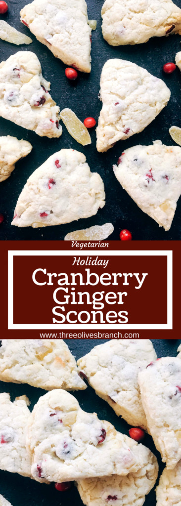 Classic holiday flavors in a scone. Fresh or frozen cranberries and crystallized ginger are mixed into a scone recipe for a breakfast or brunch that is perfect for the holidays. Cranberries and ginger are perfect for Thanksgiving and Christmas. These scones can be easily frozen and baked as needed. Candied ginger brings a sweet and spicy flavor. Vegetarian. Cranberry Ginger Scones | Three Olives Branch | www.threeolivesbranch.com