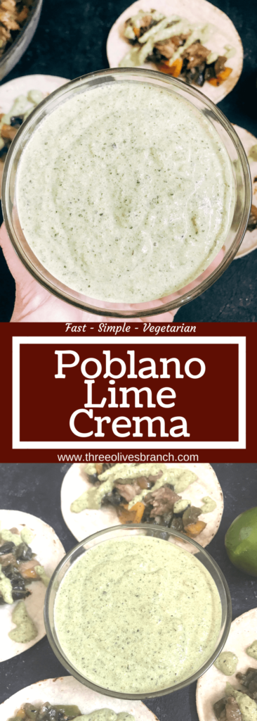 Quick and simple crema recipe for Mexican foods. Roasted poblano peppers are blended with lime juice and sour cream for a fast and easy sauce. Vegetarian, low carb keto, and gluten free recipe. Roasted Poblano Lime Crema #poblanosauce #tacosauce #mexicansauce