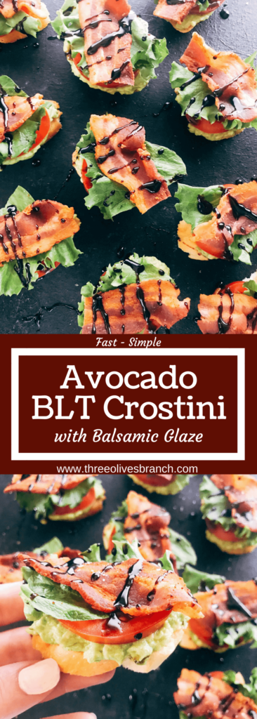 Quick and simple party appetizers. A twist on the BLT sandwich, these mini toasts are layered with avocado, tomato, lettuce, bacon, balsamic glaze, and some seasoned salt. Easy entertaining recipe. Avocado BLT Crostini | Three Olives Branch | www.threeolivesbranch.com #appetizer #blt #partyrecipe