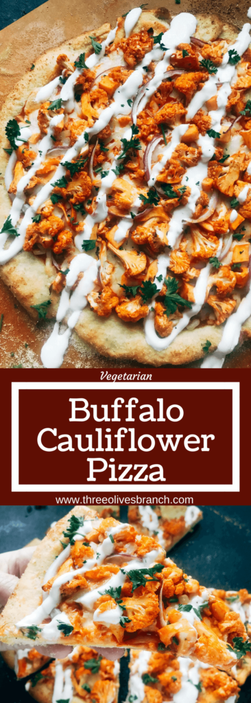 A vegetarian pizza recipe using the flavors of buffalo wings for inspiration. Roasted cauliflower is tossed with buffalo wing sauce on a ranch pizza crust. Great for game day and the Super Bowl to get a vegetarian buffalo recipe! Vegetarian Buffalo Cauliflower Pizza | Three Olives Branch | www.threeolivesbranch.com #superbowl #gameday #vegetarian #buffalowing