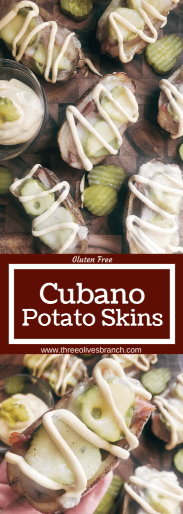 25 minutes for potato skins filled with Swiss cheese, leftover ham, pickles, and a mustard sauce. Gluten free and a perfect party appetizer or Super Bowl game day snack. Cubano Potato Skins | Three Olives Branch | www.threeolivesbranch.com #potatoskins #gamedayrecipe #leftoverham #cubano