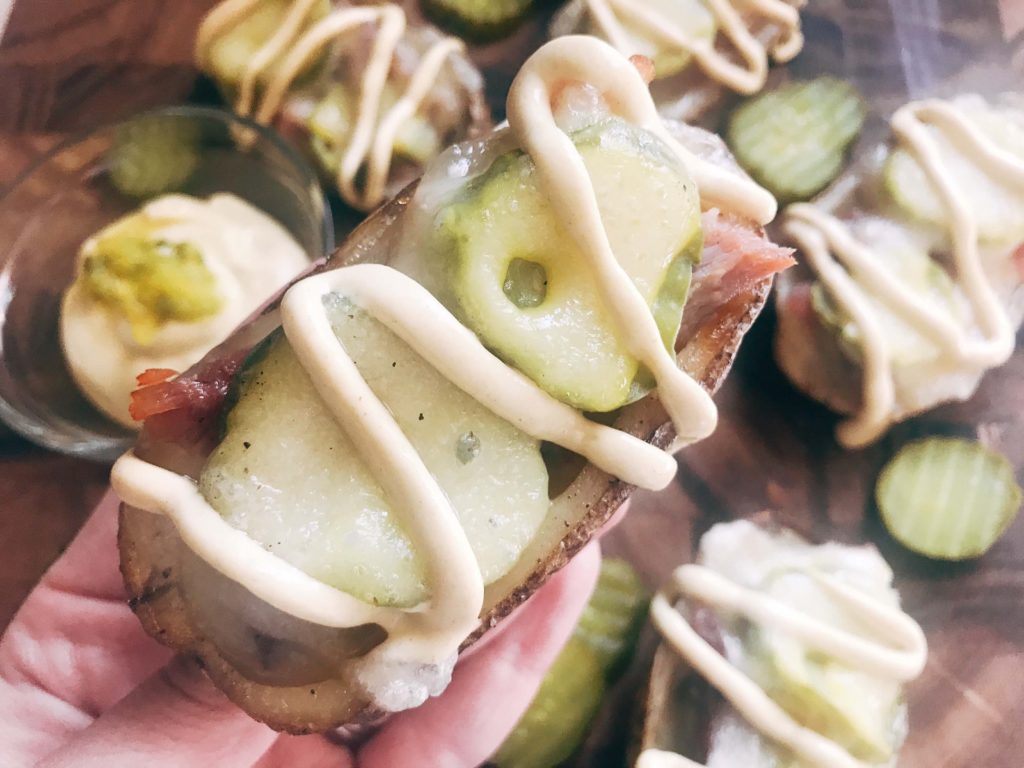 25 minutes for potato skins filled with Swiss cheese, leftover ham, pickles, and a mustard sauce. Gluten free and a perfect party appetizer or Super Bowl game day snack. Cubano Potato Skins | Three Olives Branch | www.threeolivesbranch.com #potatoskins #gamedayrecipe #leftoverham #cubano