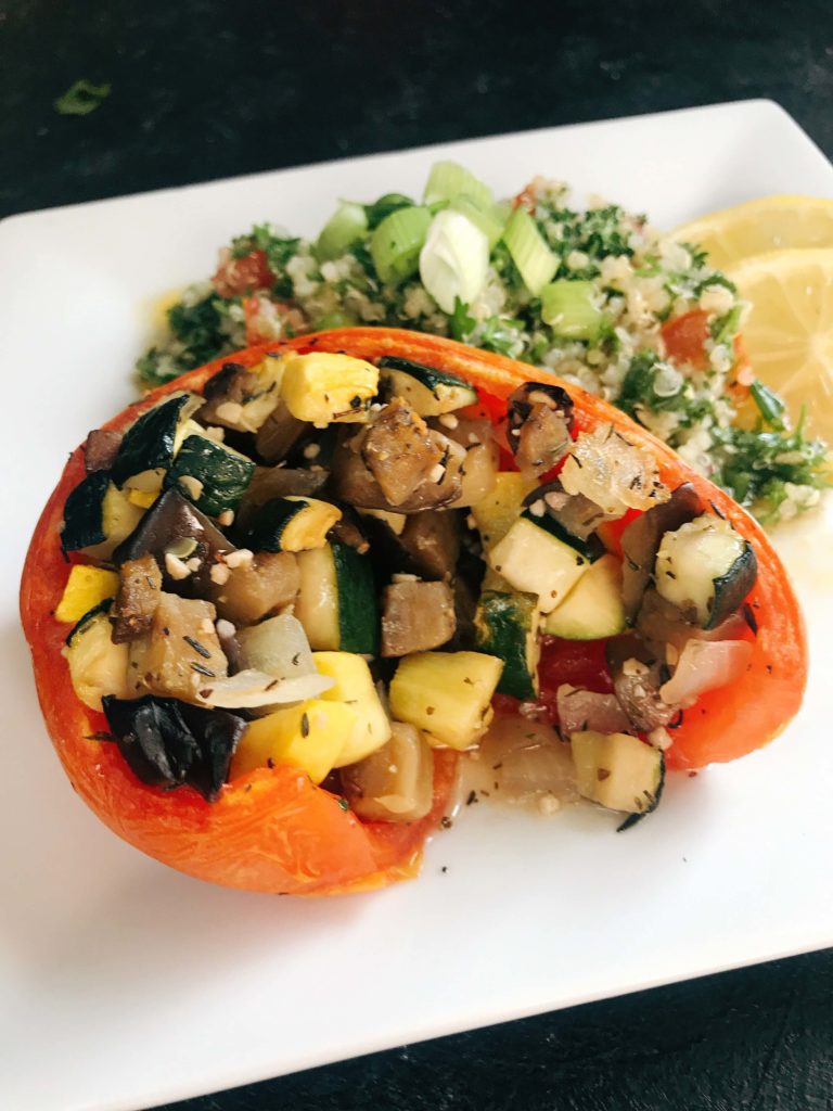 Eggplant, zucchini, and yellow squash stuffed in tomatoes for a twist on classic ratatouille. A healthy recipe that is vegan, vegetarian, low carb keto, gluten free (gf), whole 30, and paleo. Vegan Quinoa Tabbouleh | Three Olives Branch | www.threeolivesbranch.com #vegan #healthyrecipe