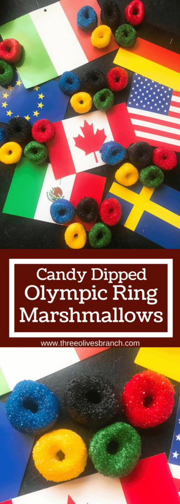 Olympic ring marshmallows to celebrate the winter and summer Olympics. This Olympics recipe uses candy melts and colored sugar sprinkles to make the colors of the Olympic rings. Display in order for your Olympic watch party to celebrate the Olympic games. Candy Coated Olympic Ring Marshmallows #2020olympics #olympicsrecipe #marshmallows