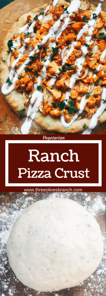 Homemade pizza dough made with Ranch seasoning for a flavorful pizza crust. A great pizza crust base for unique pizza recipes like buffalo chicken pizza or buffalo cauliflower pizza for game day or the Super Bowl. Vegetarian. Ranch Pizza Crust | Three Olives Branch | www.threeolivesbranch.com #gameday #superbowl #pizzadough #pizzacrust 