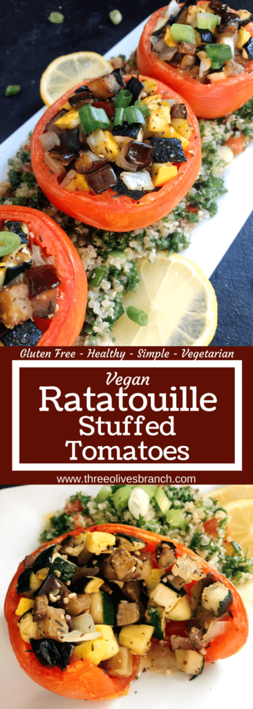 Eggplant, zucchini, and yellow squash stuffed in tomatoes for a twist on classic ratatouille. A healthy recipe that is vegan, vegetarian, low carb keto, gluten free (gf), whole 30, and paleo. Vegan Quinoa Tabbouleh | Three Olives Branch | www.threeolivesbranch.com #vegan #healthyrecipe