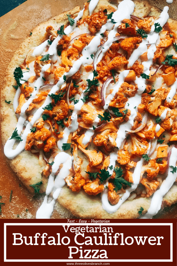 A vegetarian pizza recipe using the flavors of buffalo wings for inspiration. Roasted cauliflower is tossed with buffalo wing sauce on a ranch pizza crust. Great for game day and the Super Bowl to get a vegetarian buffalo recipe! Vegetarian Buffalo Cauliflower Pizza | Three Olives Branch | www.threeolivesbranch.com #superbowl #gameday #vegetarian #buffalowing