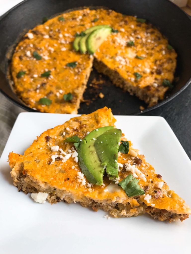 A quick and simple brunch or breakfast recipe, this low carb keto and gluten free frittata is ready in just 20 minutes! Spicy chorizo sausage, diced green chiles, and cotija cheese are combined with eggs for a simple breakfast. Chorizo and Green Chile Frittata #frittata #mexicanrecipe #breakfast