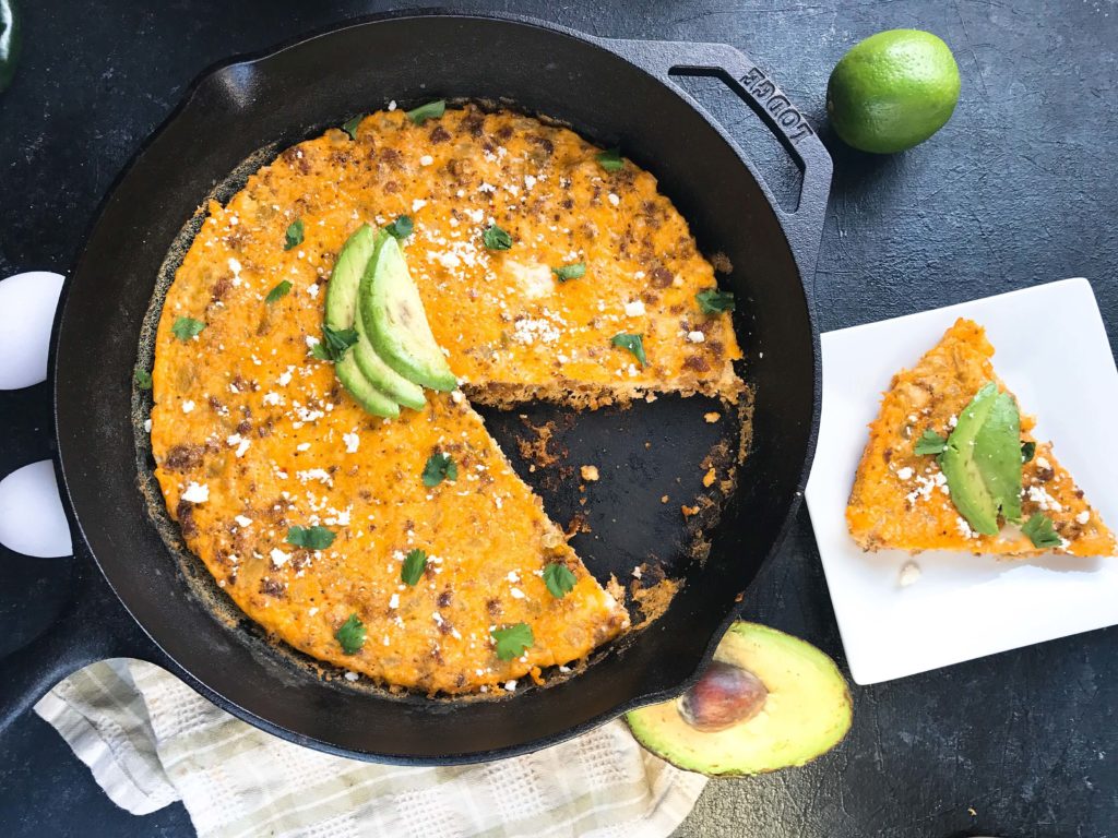 A quick and simple brunch or breakfast recipe, this low carb keto and gluten free frittata is ready in just 20 minutes! Spicy chorizo sausage, diced green chiles, and cotija cheese are combined with eggs for a simple breakfast. Chorizo and Green Chile Frittata #frittata #mexicanrecipe #breakfast