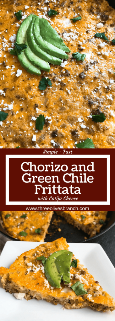 A quick and simple brunch or breakfast recipe, this low carb keto and gluten free frittata is ready in just 20 minutes! Spicy chorizo sausage, diced green chiles, and cotija cheese are combined with eggs for a simple breakfast. Chorizo and Green Chile Frittata #frittata #mexicanrecipe #breakfast