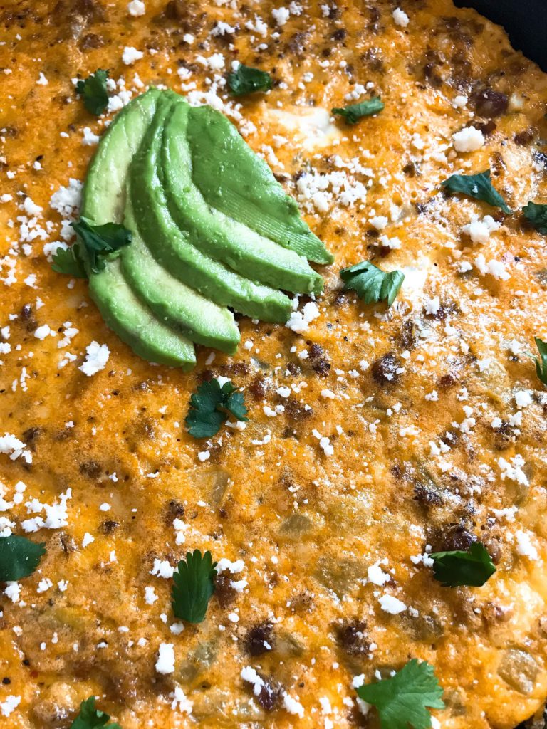 A quick and simple brunch or breakfast recipe, this low carb keto and gluten free frittata is ready in just 20 minutes! Spicy chorizo sausage, diced green chiles, and cotija cheese are combined with eggs for a simple breakfast. Chorizo and Green Chile Frittata #frittata #mexicanrecipe #breakfast