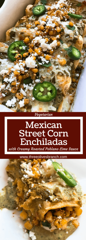 Corn, jalapeno peppers, cilantro, lime, chili powder, and cotija cheese are combined to make a Mexican Street Corn (elote) salsa that is the star of these enchiladas.. Layered with Monterey Jack cheese and topped with Roasted Poblano and Lime Enchilada Sauce. Vegetarian. Mexican Street Corn Enchiladas | Three Olives Branch | www.threeolivesbranch.com #vegetarian #mexican #enchiladas