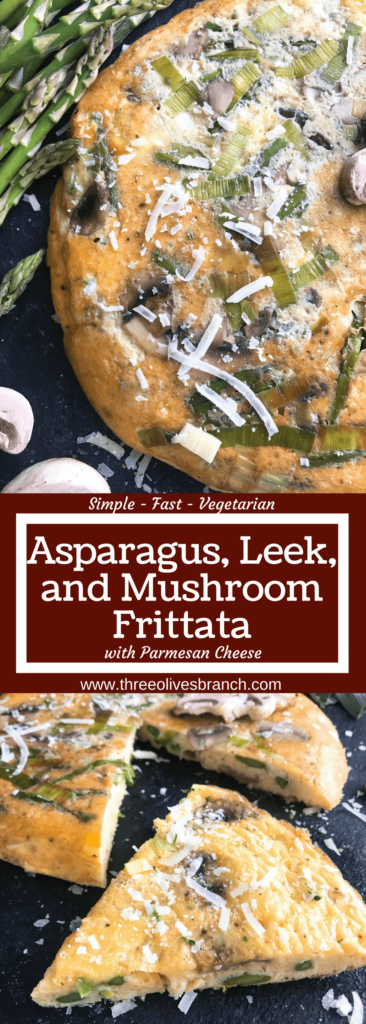 A quick and simple breakfast or brunch recipe ready in 20 minutes. Vegetarian, low carb keto, and gluten free, this frittata is similar to an omelette and perfect for holidays like Easter and feeding a crowd. Asparagus, Leek, and Mushroom Parmesan Frittata #breakfastrecipe #vegetarianbreakfast #easterbrunch #springbreakfast