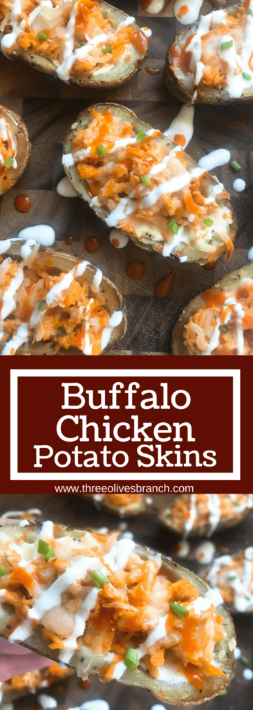 Two classic game day appetizers combined in one. Potato skin shells filled with three cheeses and buffalo chicken. A perfect party recipe for the Super Bowl or sporting event. Gluten free (gf). Buffalo Chicken Potato Skins | Three Olives Branch | www.threeolivesbranch.com #gameday #superbowl #appetizer