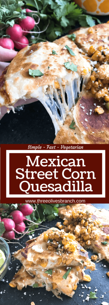 A quick and simple recipe ready in 20 minutes, these quesadillas feature the flavors of elote. Monterey Jack or mozzarella cheese is layered with corn, cotija cheese, jalapeno, lime, and chili powder for a fun and unique snack, lunch, or party appetizer. Vegetarian. Mexican Street Corn Quesadilla | Three Olives Branch | www.threeolivesbranch.com #cincodemayo