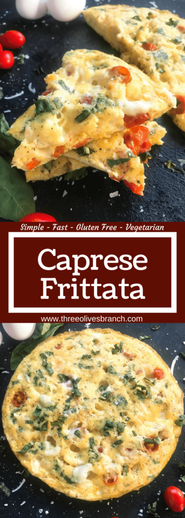 A fresh and bright frittata recipe ready in less than 30 minutes. Fresh cherry tomatoes, mozzarella cheese, and basil pack this egg frittata with flavor. Gluten free (GF) and vegetarian, a simple breakfast or brunch for a crown. Caprese Frittata | Three Olives Branch | www.threeolivesbranch.com 