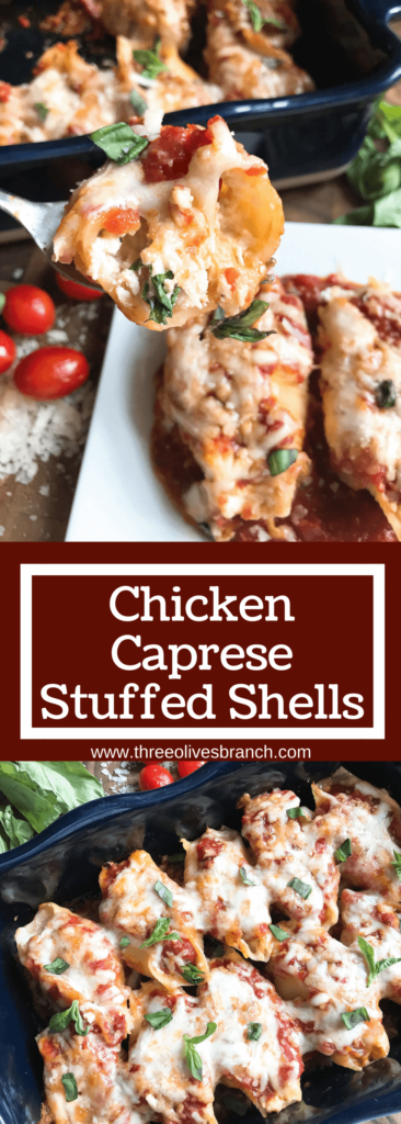 These stuffed shells are a fun twist on an Italian recipe classic! Cherry tomatoes, fresh basil, and mozzarella cheese are stuffed with chicken in pasta shells and baked in the oven. A great freezer meal and kid friendly. Chicken Caprese Stuffed Shells | Three Olives Branch | www.threeolivesbranch.com