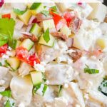 Pin of Greek Tzatziki Potato Salad up close with title at top