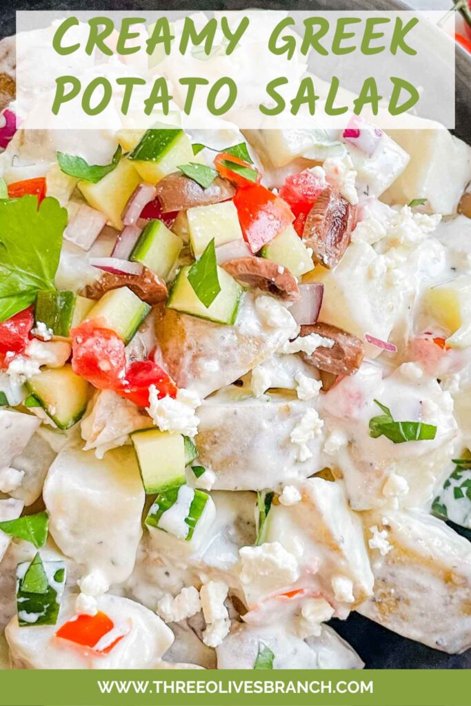 Pin of Greek Tzatziki Potato Salad up close with title at top
