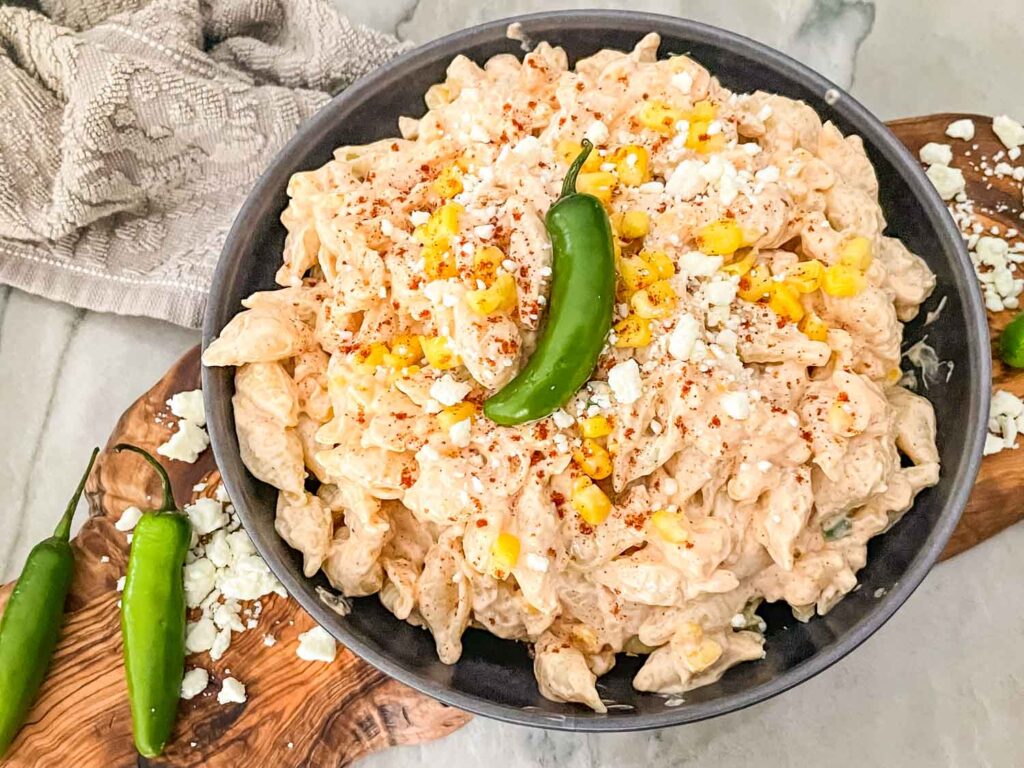 Mexican Street Corn Pasta Salad in a gray bowl from the top