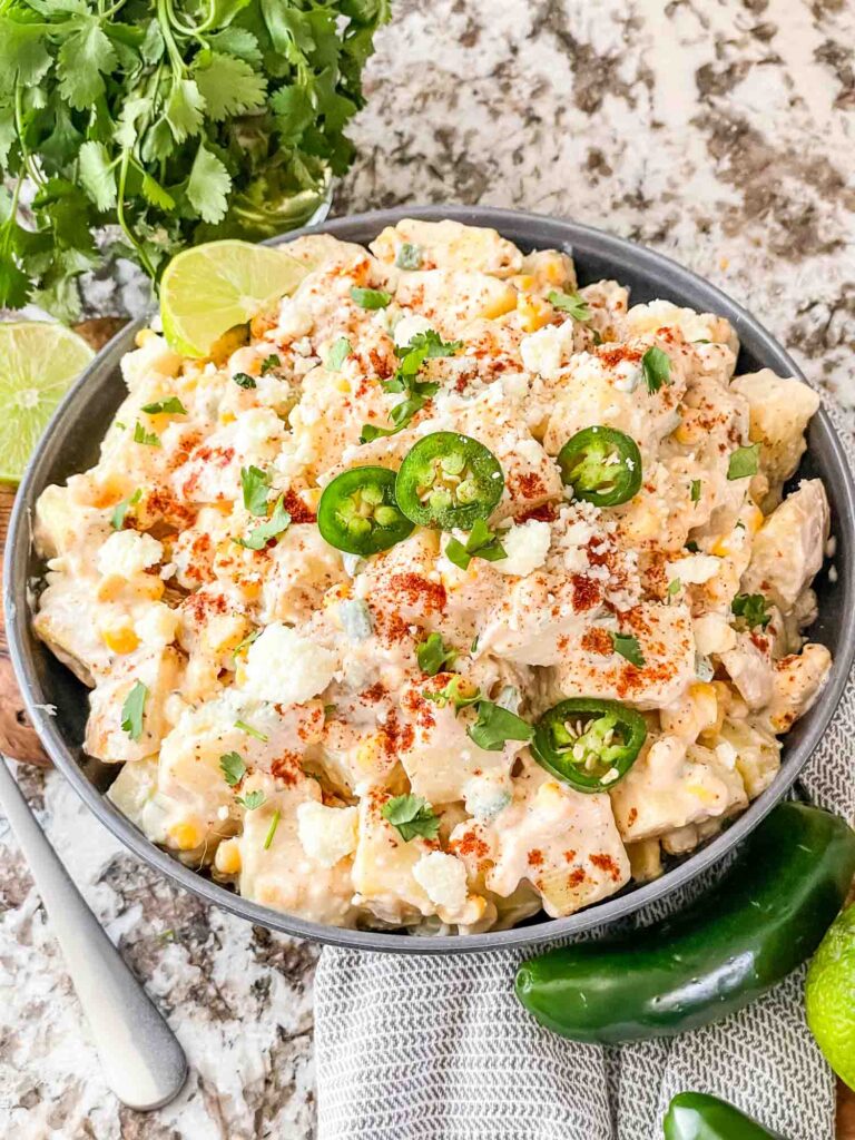 Mexican Street Corn Potato Salad in a bowl from the top
