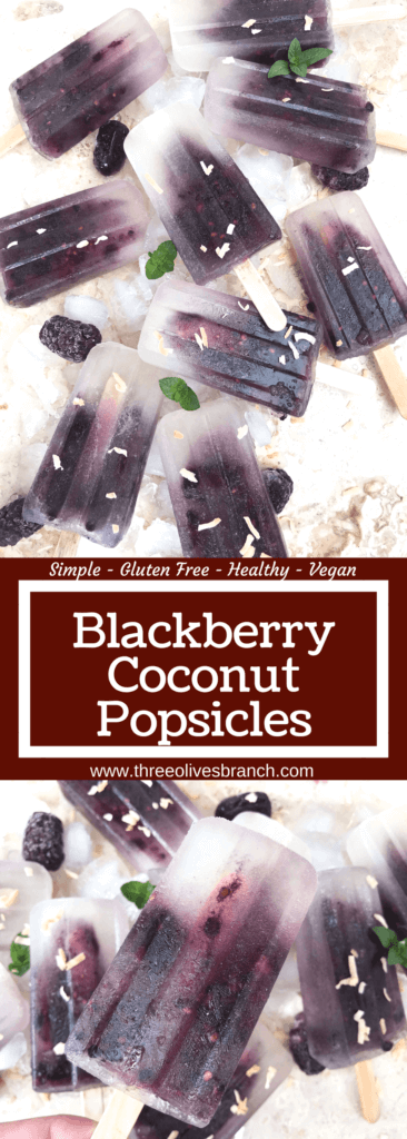 Quick and simple healthy popsicle recipe. Coconut water, blackberries and a little sugar (optional) for a fun and sweet kid friendly summer treat. Vegan, vegetarian, gluten free (GF) and can be paleo and Whole30 without the sugar. Blackberry Coconut Popsicles | Three Olives Branch | www.threeolivesbranch.com #popsicle