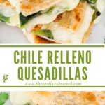 Long pin of Chile Relleno Quesadilla pieces stacked on a plate with title