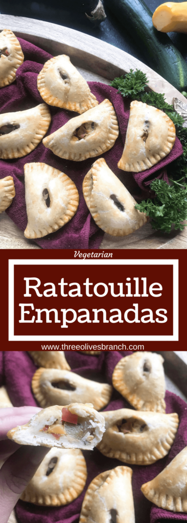 French inspired empanadas filled with eggplant, zucchini, squash, tomato, and onion. A great vegetarian recipe for party finger food or appetizers. Ratatouille Empanadas | Three Olives Branch | www.threeolivesbranch.com