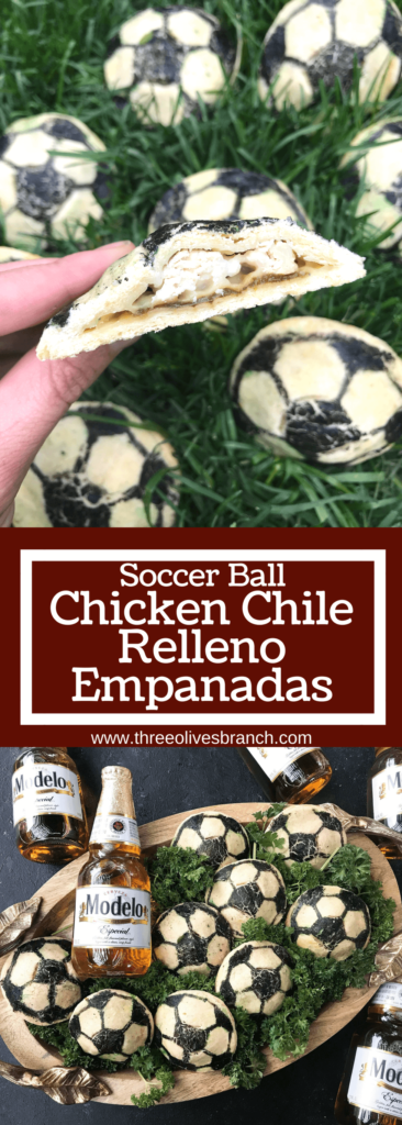 Soccer ball empanadas recipe perfect for the World Cup! Roasted poblano peppers, cheese, and Modelo marinated chicken are stuffed inside these Mexican empanadas. Msg 4 21+ Soccer Ball Chicken Chile Relleno Empanadas | Three Olives Branch | www.threeolivesbranch.com #CelebratorySips #ModeloSummer #ad #SoFabFood 