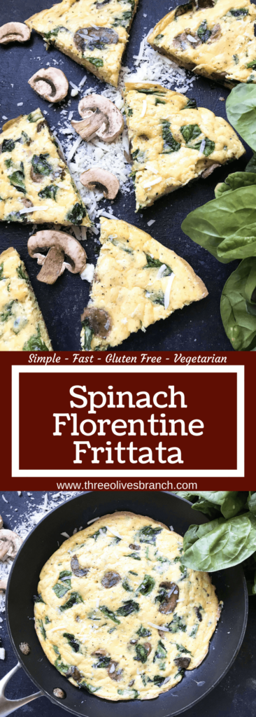 Ready in 20 minutes, a fast and simple breakfast or brunch recipe. Mushrooms, spinach, and cheese mixed in egg. Gluten free (gf). Vegetarian Spinach Florentine Frittata | Three Olives Branch | www.threeolivesbranch.com