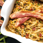 Pin image of Bacon Green Bean Casserole in a white dish with title