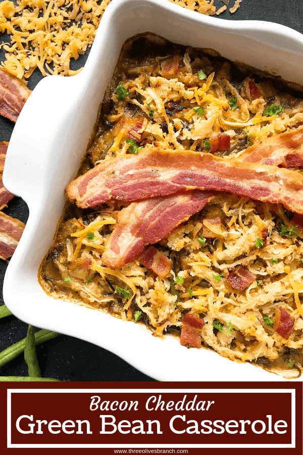 Pin image of Bacon Green Bean Casserole in a white dish with title