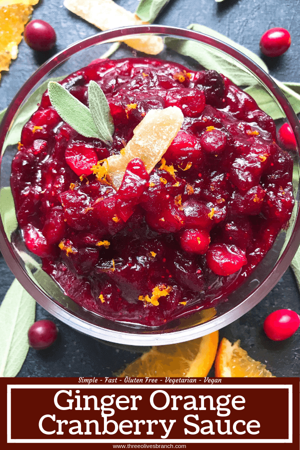 A quick and simple cranberry sauce recipe ready in 10 minutes. Flavored with ginger and orange, this sauce is vegetarian, vegan, and gluten free (GF). Perfect for Thanksgiving, Christmas, Easter, and holiday side dish. Make ahead! Ginger Orange Cranberry Sauce | Three Olives Branch | www.threeolivesbranch.com #thanksgiving #cranberrysauce #christmas