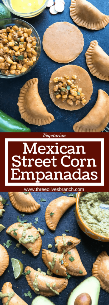 Empanadas stuffed with a Mexican Street Corn Salsa (elote) recipe of corn, cotija cheese, jalapeno, lime, chili powder, cilantro, and salt. A fun vegetarian flavor for a Mexican appetizer or snack. Use pie crust or make your own dough. Mexican Street Corn Empanadas | Three Olives Branch | www.threeolivesbranch.com #cincodemayo #fiesta