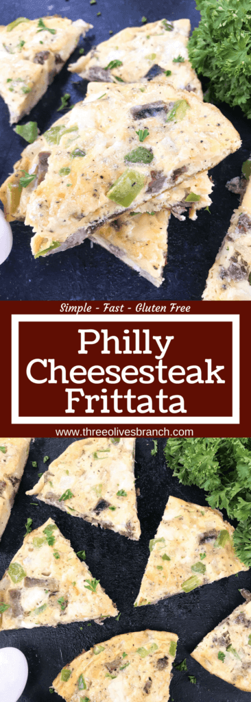 Philly cheesesteak flavors in a quick and simple frittata recipe! Steak or beef, bell pepper, onion, and provolone cheese in egg. Gluten free (GF) and low carb keto breakfast or brunch ready in 20 minutes. Philly Cheesesteak Frittata | Three Olives Branch | www.threeolivesbranch.com #brunch #phillycheesesteak #breakfast #glutenfree